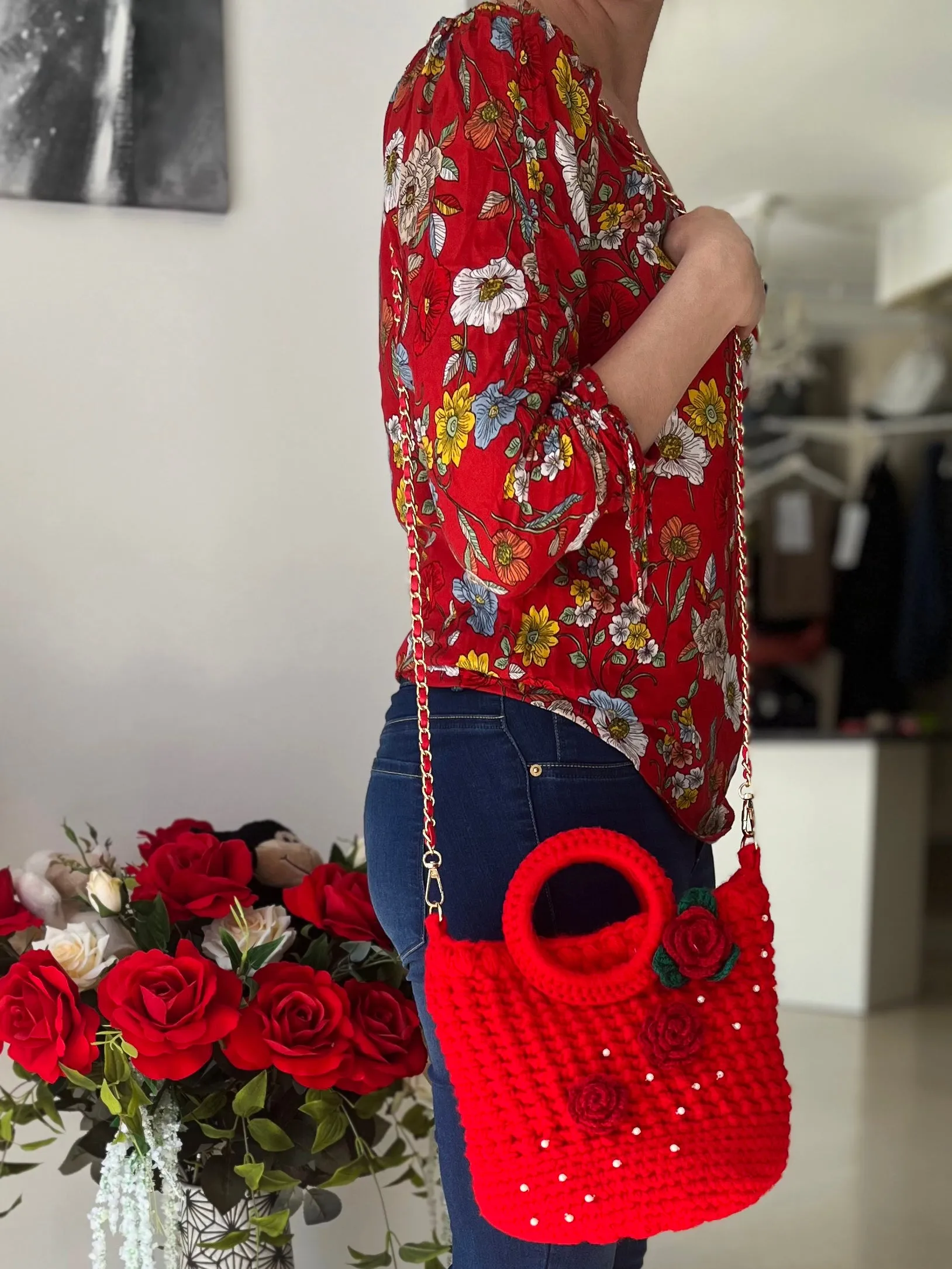 Knitted Fashionable Handbag, Bright Red