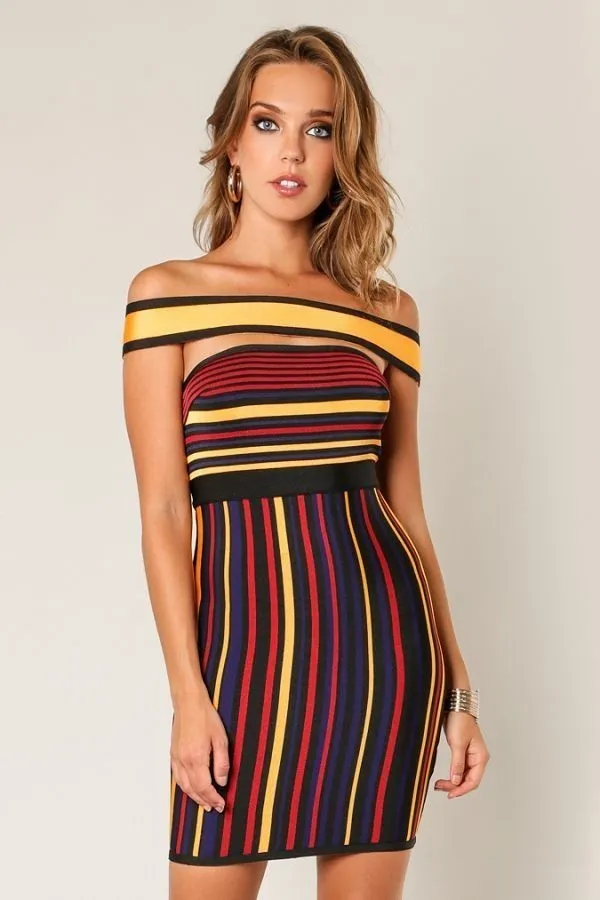 Mustard Multi Colored Off Shoulder Bandage Dress