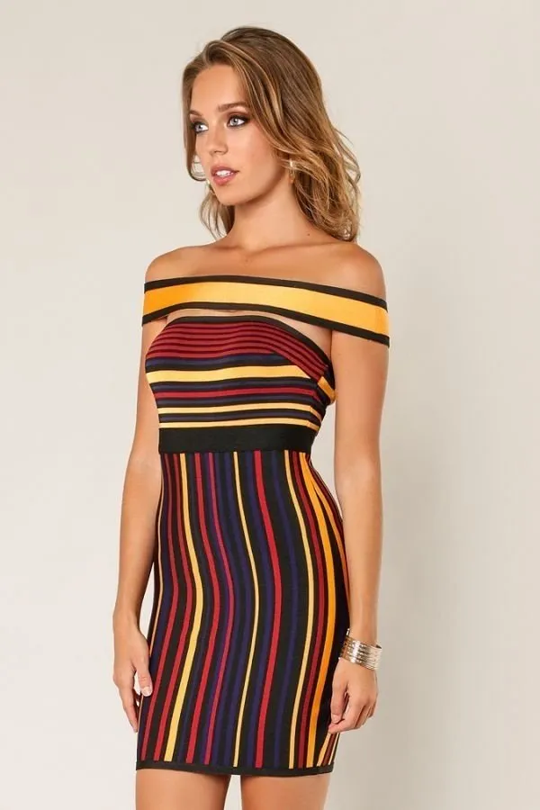 Mustard Multi Colored Off Shoulder Bandage Dress