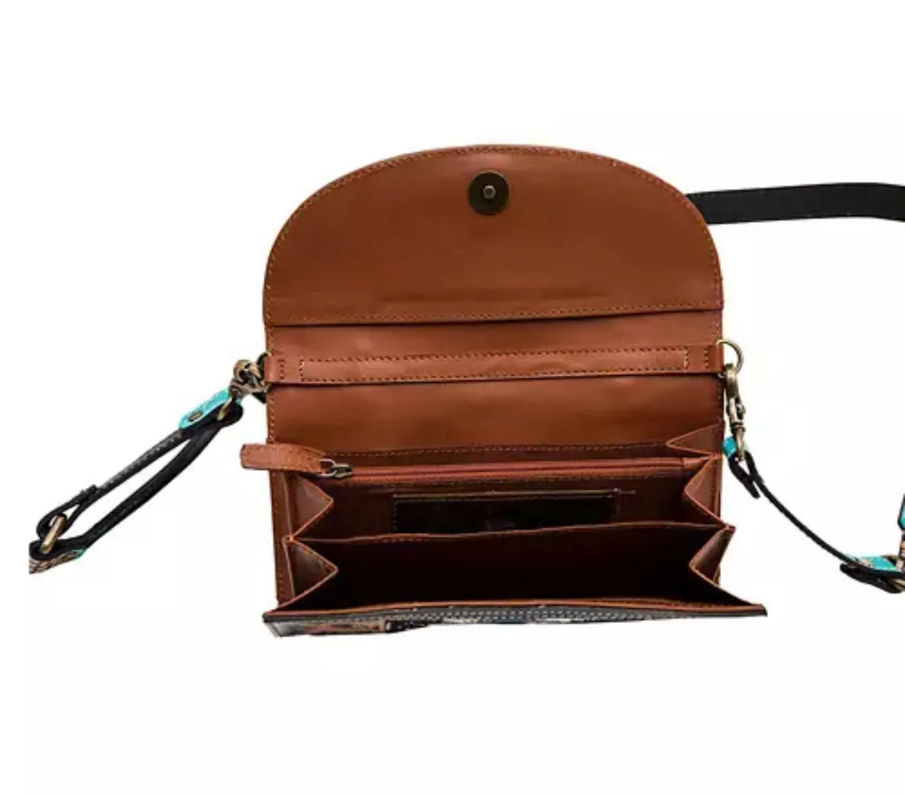 Myra monologue wallet with tooled cross body strap