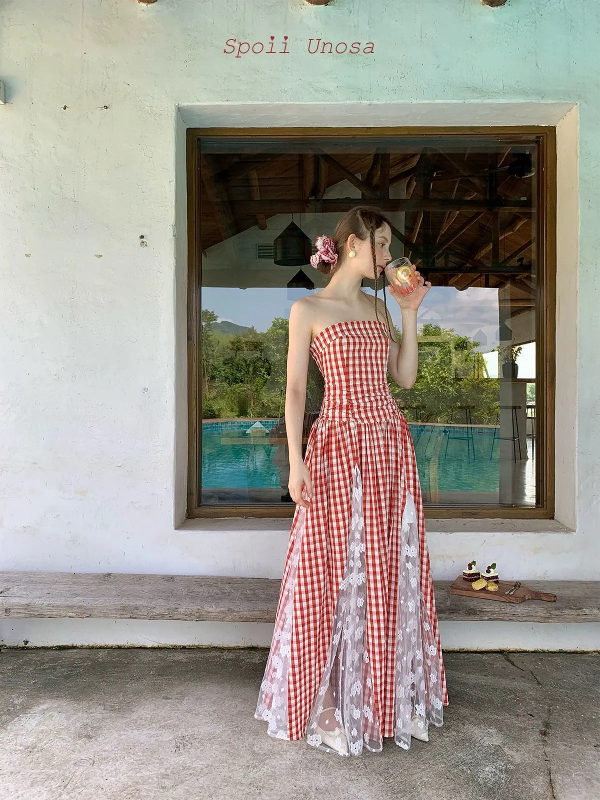 [SPOII UNOSA] French Riviera Garden Dress Gingham Midi Dress Gown