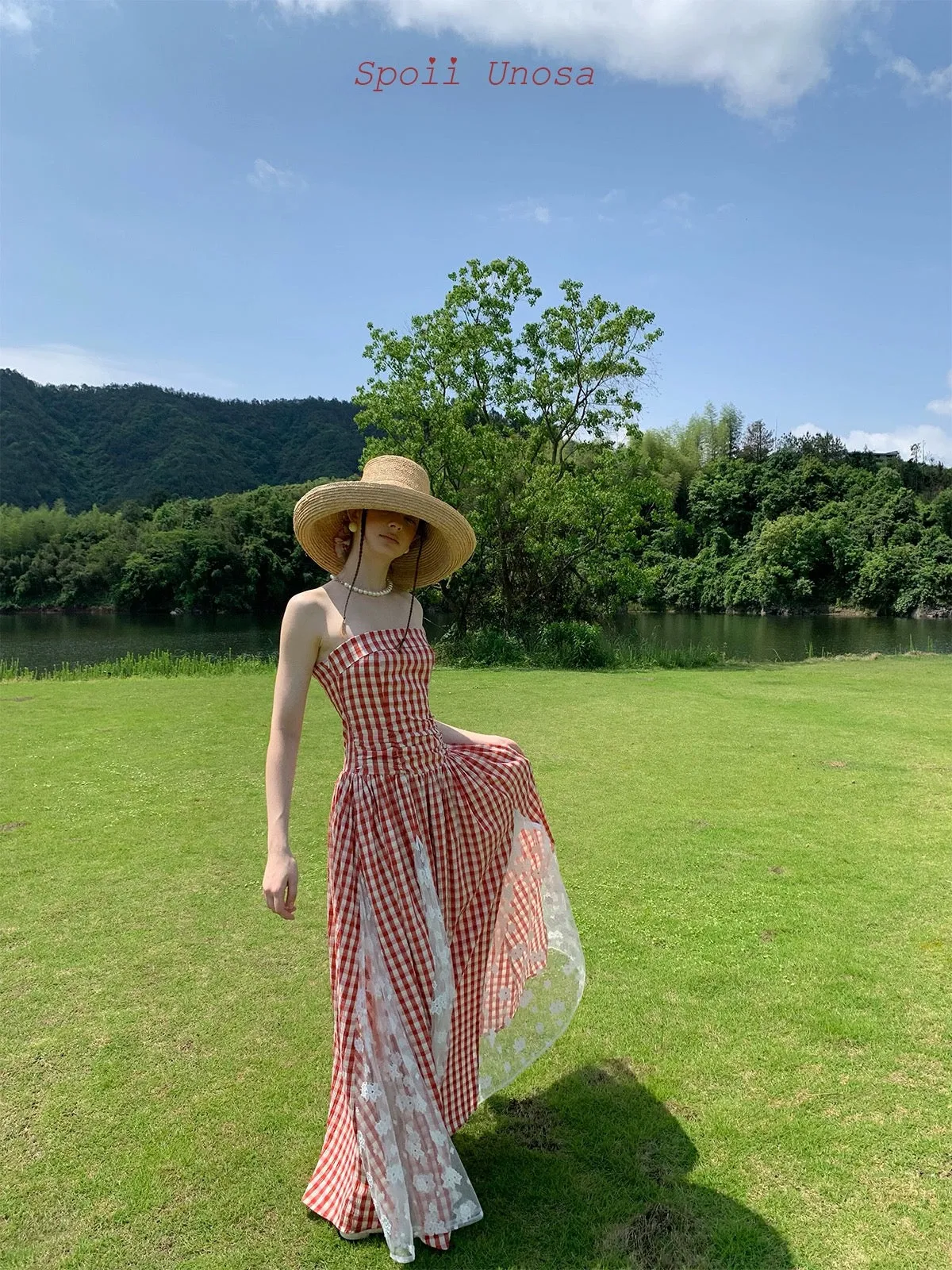 [SPOII UNOSA] French Riviera Garden Dress Gingham Midi Dress Gown