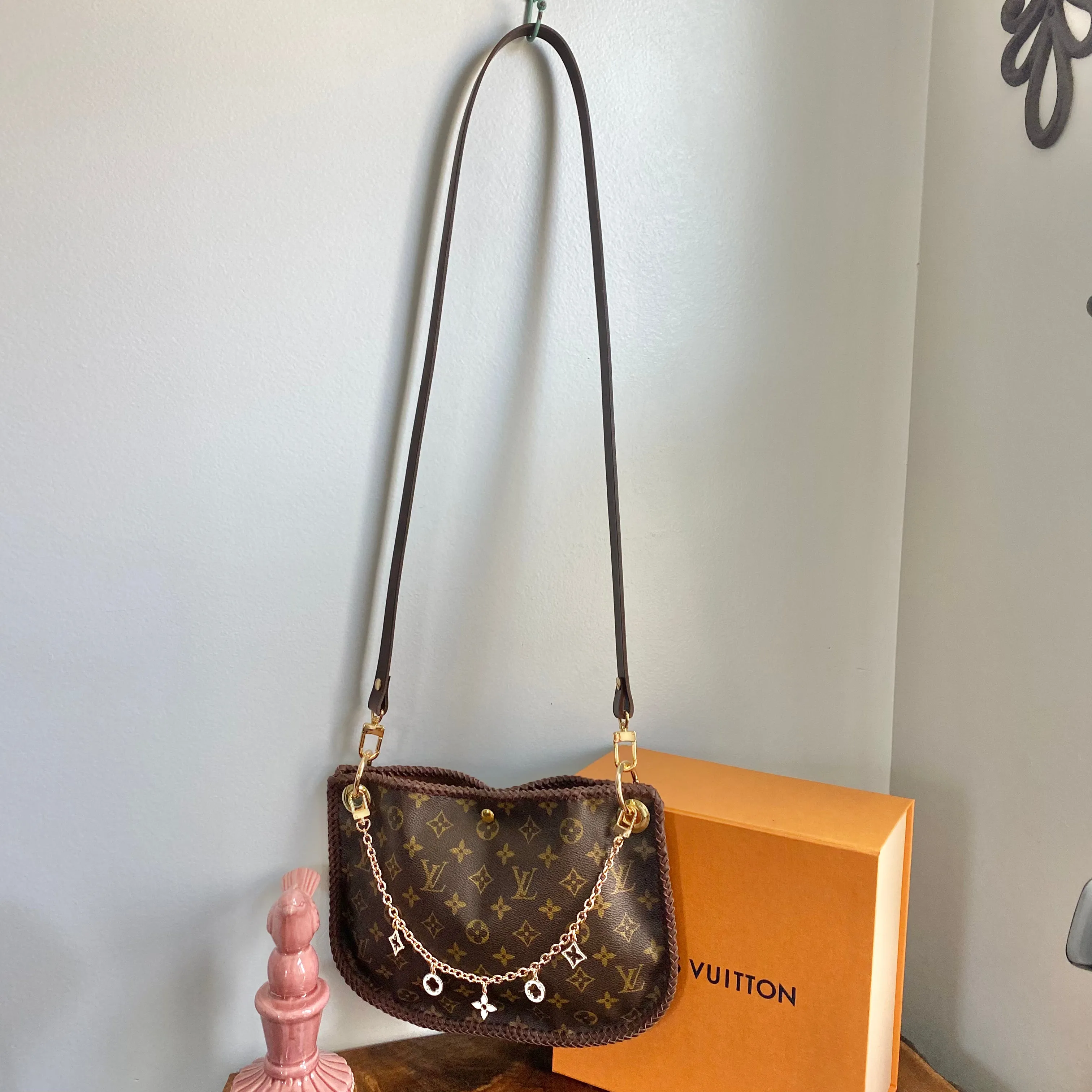 The Peacock - Vintage Monogram Hobo Crossbody in Brown - Gold Hardware