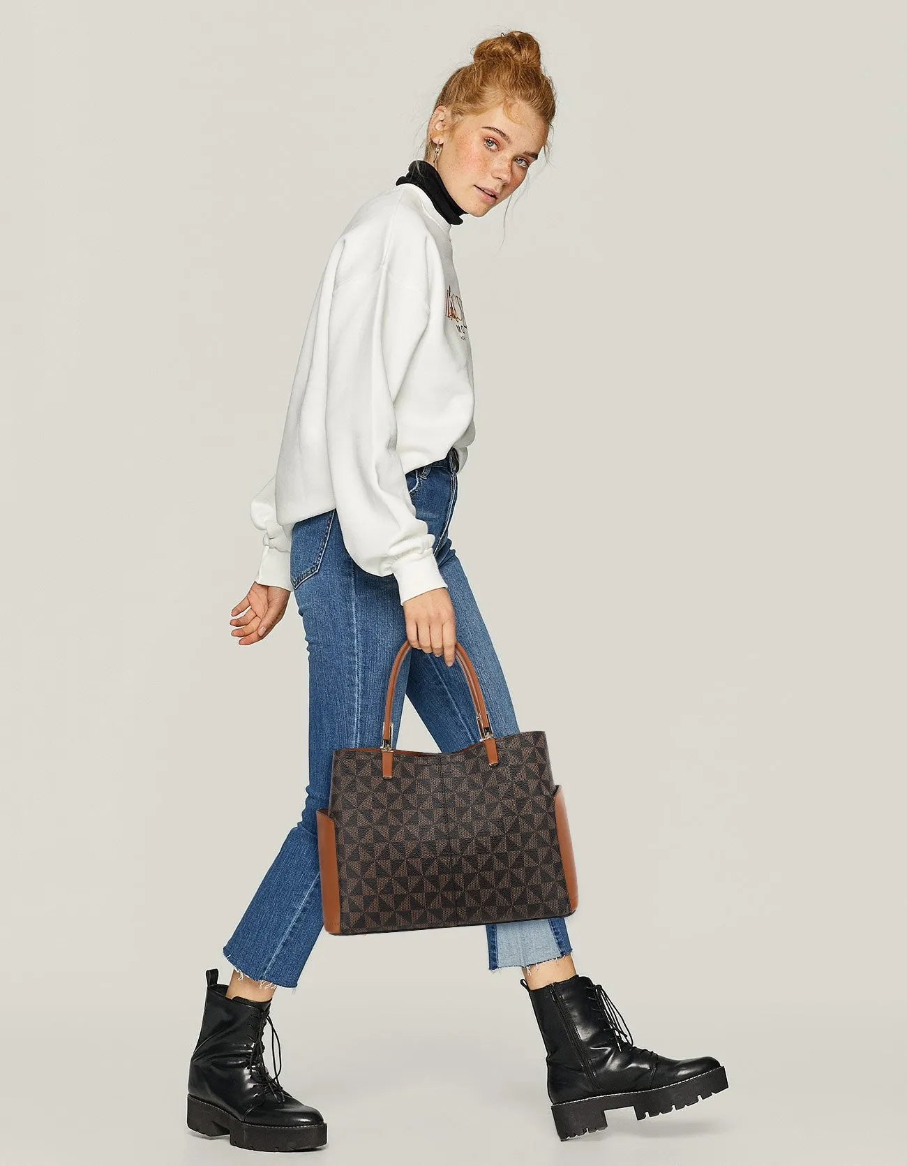 Triple Compartment Satchel with Crossbody Strap