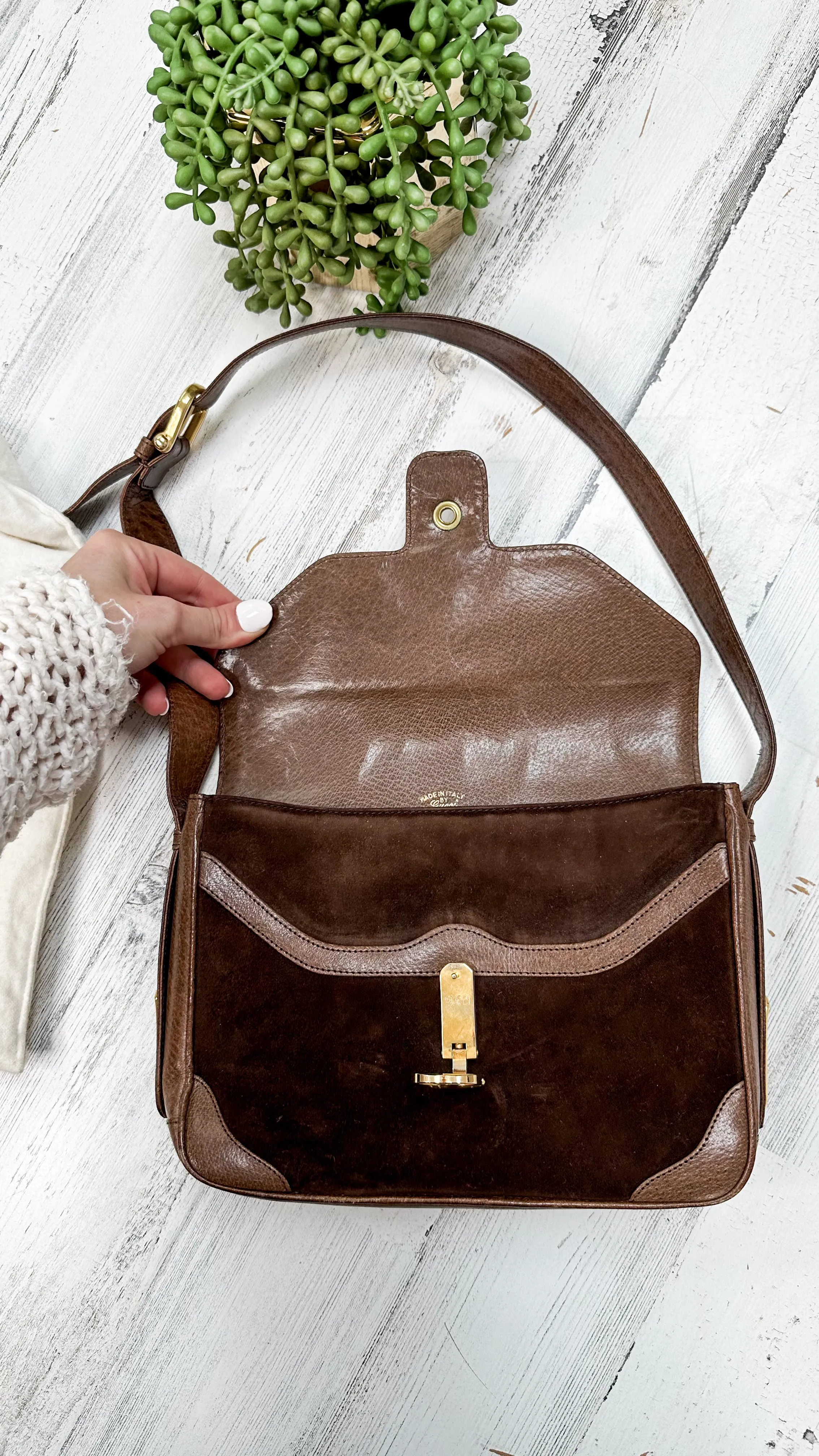 Vintage 70’s Gucci Brown Suede Horsebit Lock Front Shoulder Purse