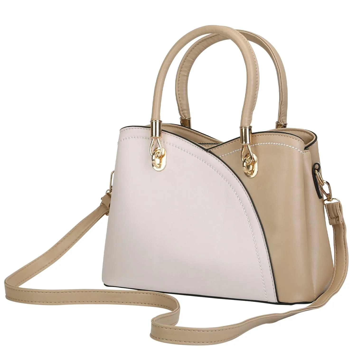 Women Medium Sized Leather Satchel Crossbody Bag with Stylish Stitching Detachable Strap