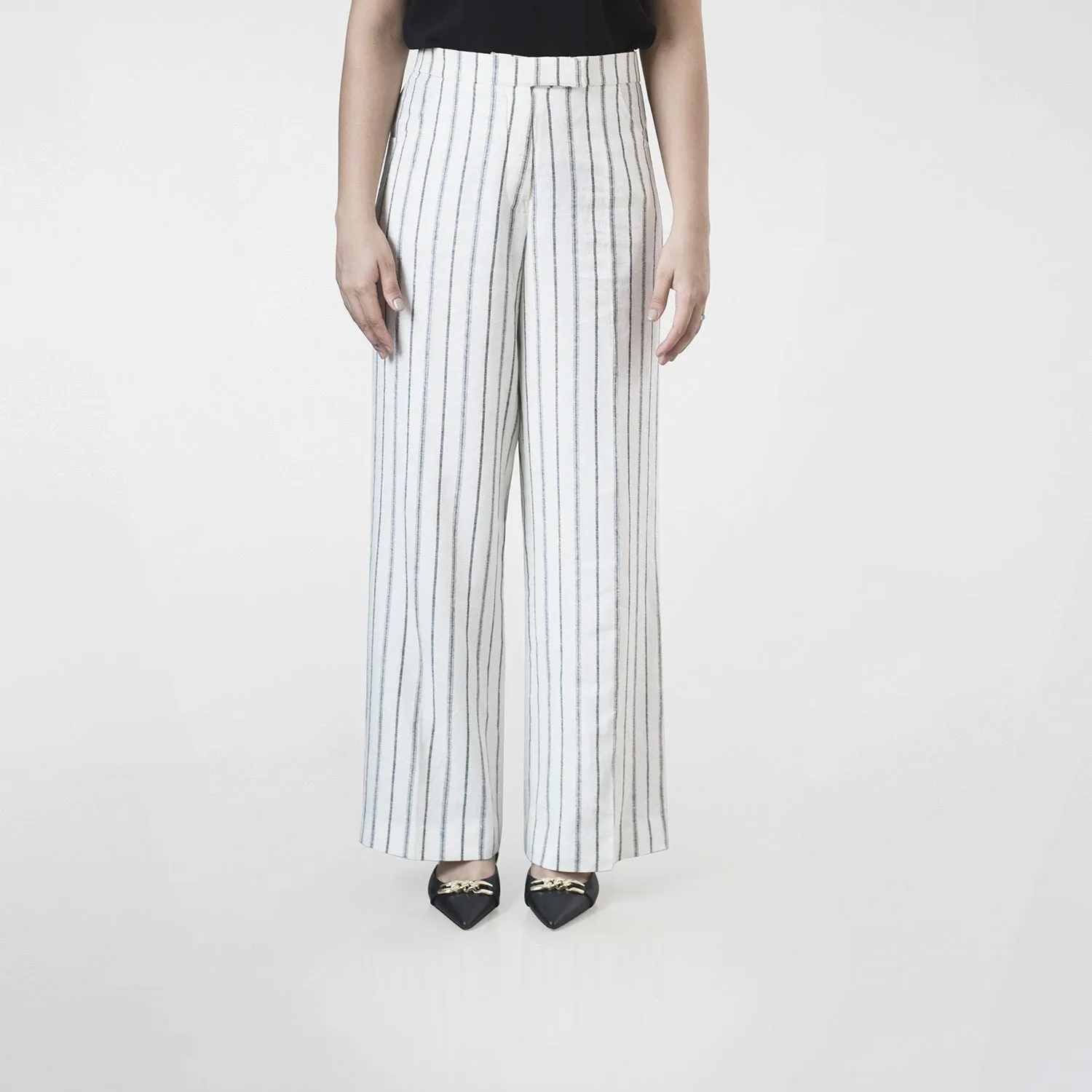 Women's White Striped Linen Comfort Fit Trouser