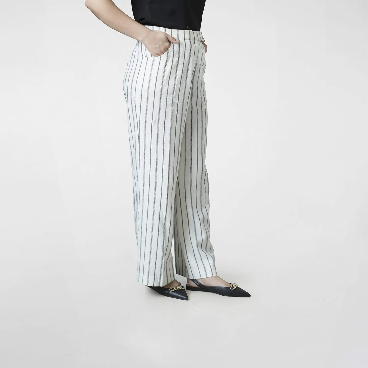 Women's White Striped Linen Comfort Fit Trouser