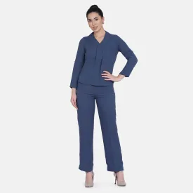 Yale Blue Poly Crepe Ladies Office Pant Suit